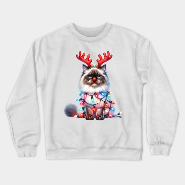 Christmas Red Nose Birman Cat Crewneck Sweatshirt by Chromatic Fusion Studio